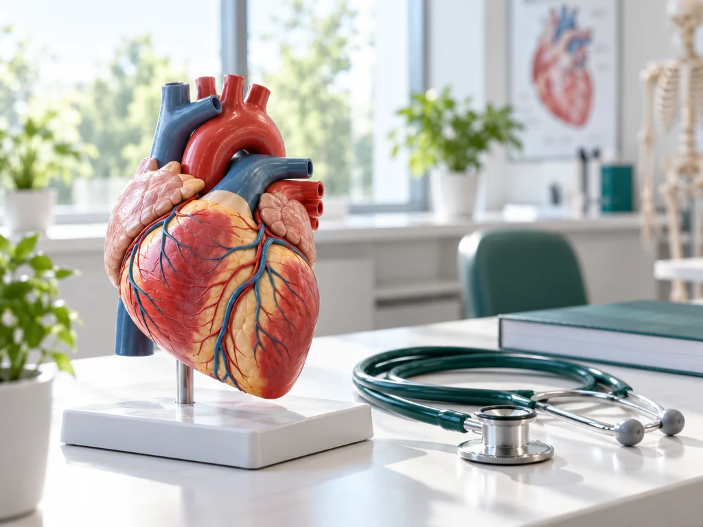 AI-generated medical illustration of an anatomical heart teaching model and stethoscope in a bright education workspace; not an Elysian facility or product photograph.