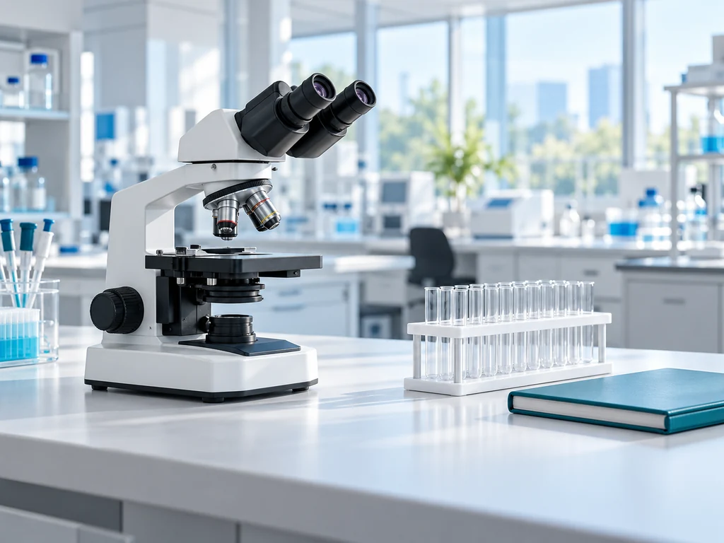 AI-generated medical illustration of an unbranded microscope and empty sample tubes in a bright clinical laboratory; not an Elysian facility or specific product.