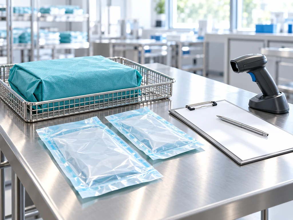 AI-generated medical illustration of neatly arranged supply pouches, teal wrap, a blank clipboard and scanner; not an Elysian facility or product photograph.
