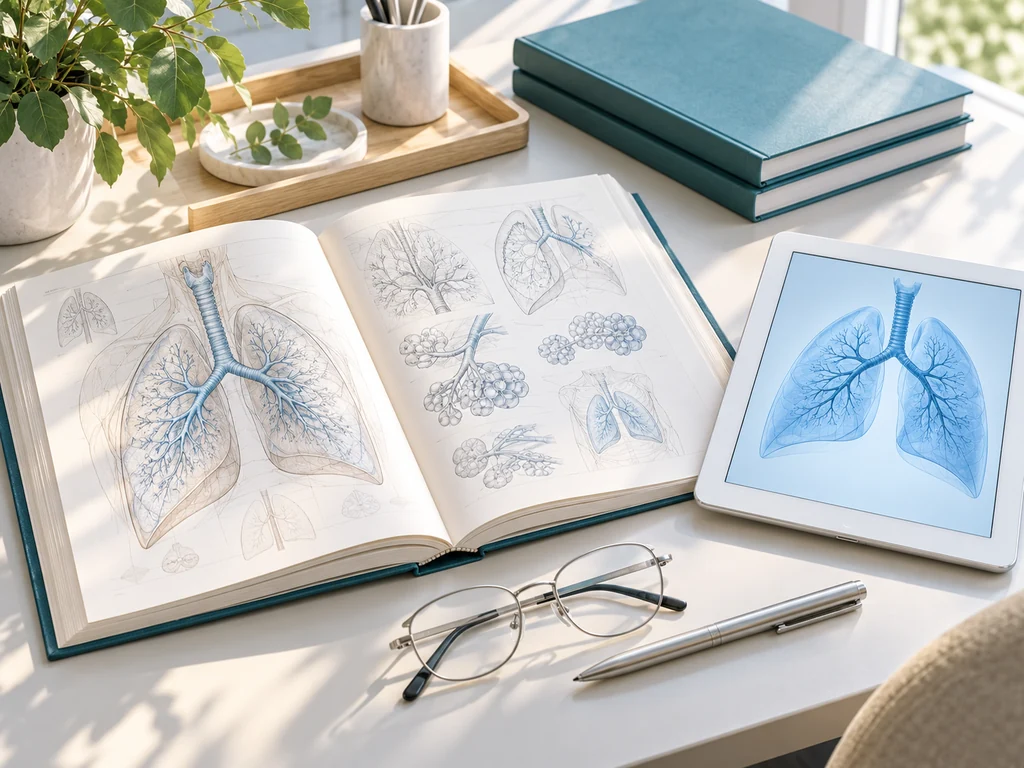 AI-generated medical illustration of medical reference materials, a tablet with generic lung artwork, glasses and a pen; no real patient information.