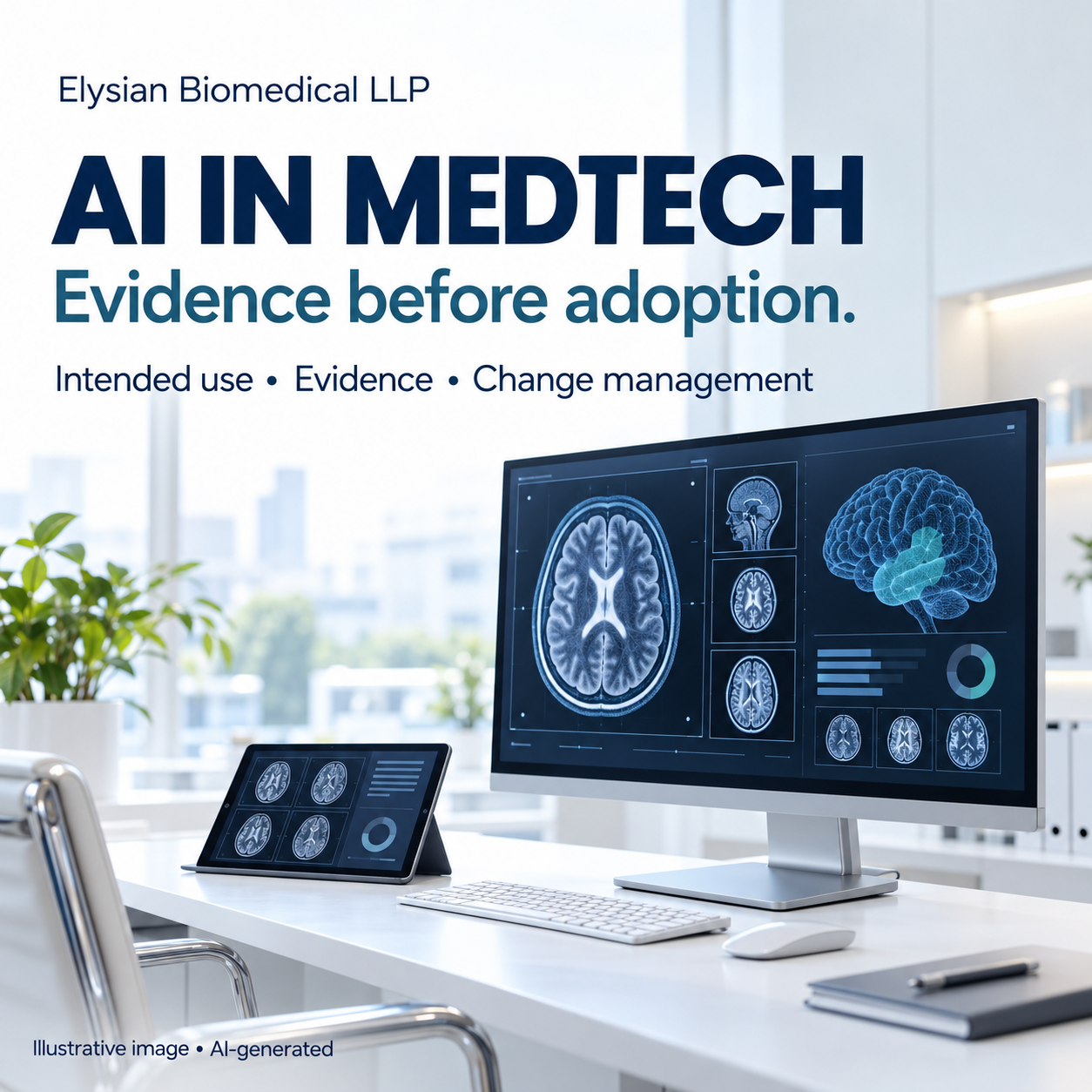 AI-generated illustration of a medical imaging review workspace. Elysian Biomedical LLP graphic reads “AI in MedTech — Evidence before adoption” and “Intended use • Evidence • Change management.” No real patient data or specific product is depicted.