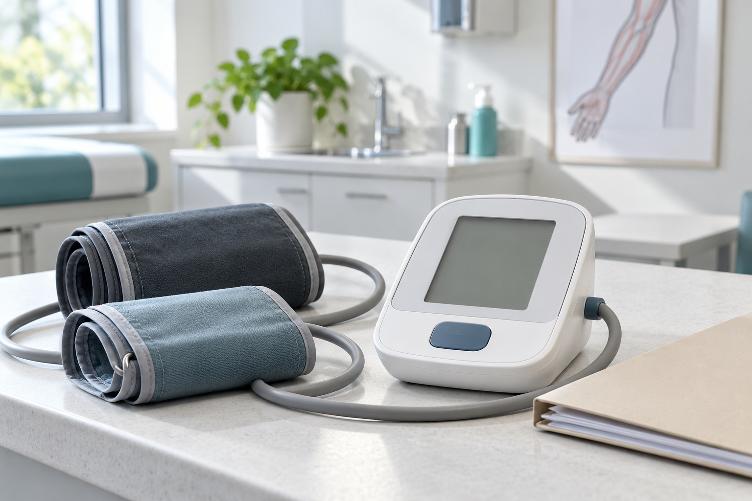 AI-generated illustration of a generic automated upper-arm blood pressure monitor with two cuffs and a document folder in a bright clinical room. Not an Elysian facility or a specific supplied model.