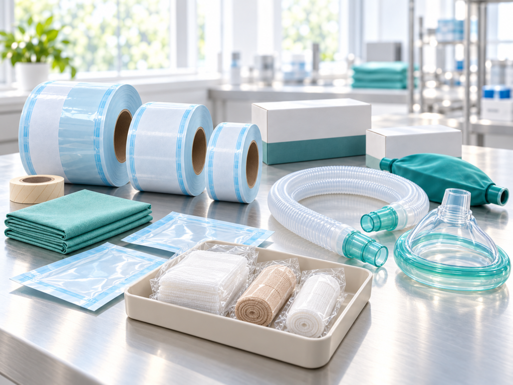AI-generated still life of generic CSSD packaging, anesthesia supplies and hospital consumables arranged on a bright white surface; not specific supplied products or stock.