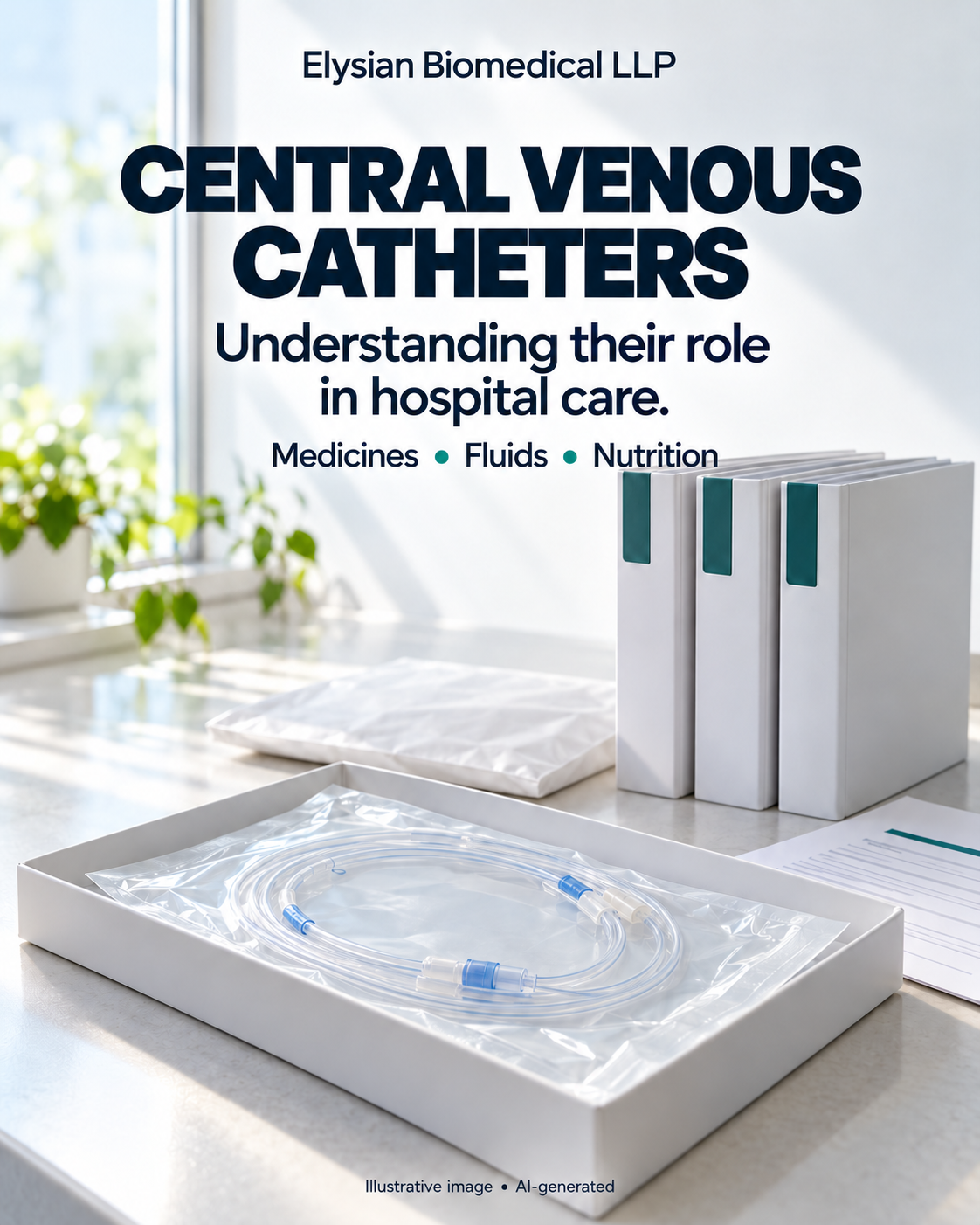 Elysian Biomedical LLP poster: Central Venous Catheters. Understanding their role in hospital care. Medicines, Fluids, Nutrition. AI-generated illustrative scene of coiled transparent medical tubing in a closed pouch on a shallow white tray, with white folders, papers and a bright window behind it. The footer reads Illustrative image, AI-generated. Generic product-family illustration, not a photograph of an identified supplied device, Elysian stock or premises.