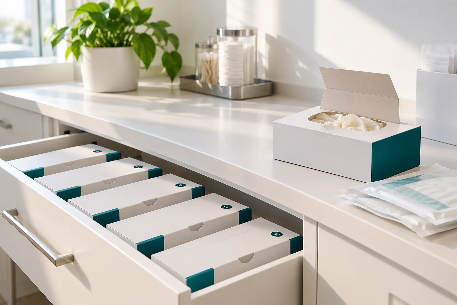 AI-generated illustration of generic glove cartons arranged in an open white drawer and on a counter beside sealed paper pouches in a bright clinical supply alcove. Not an Elysian facility, actual stock or an identified supplied product.