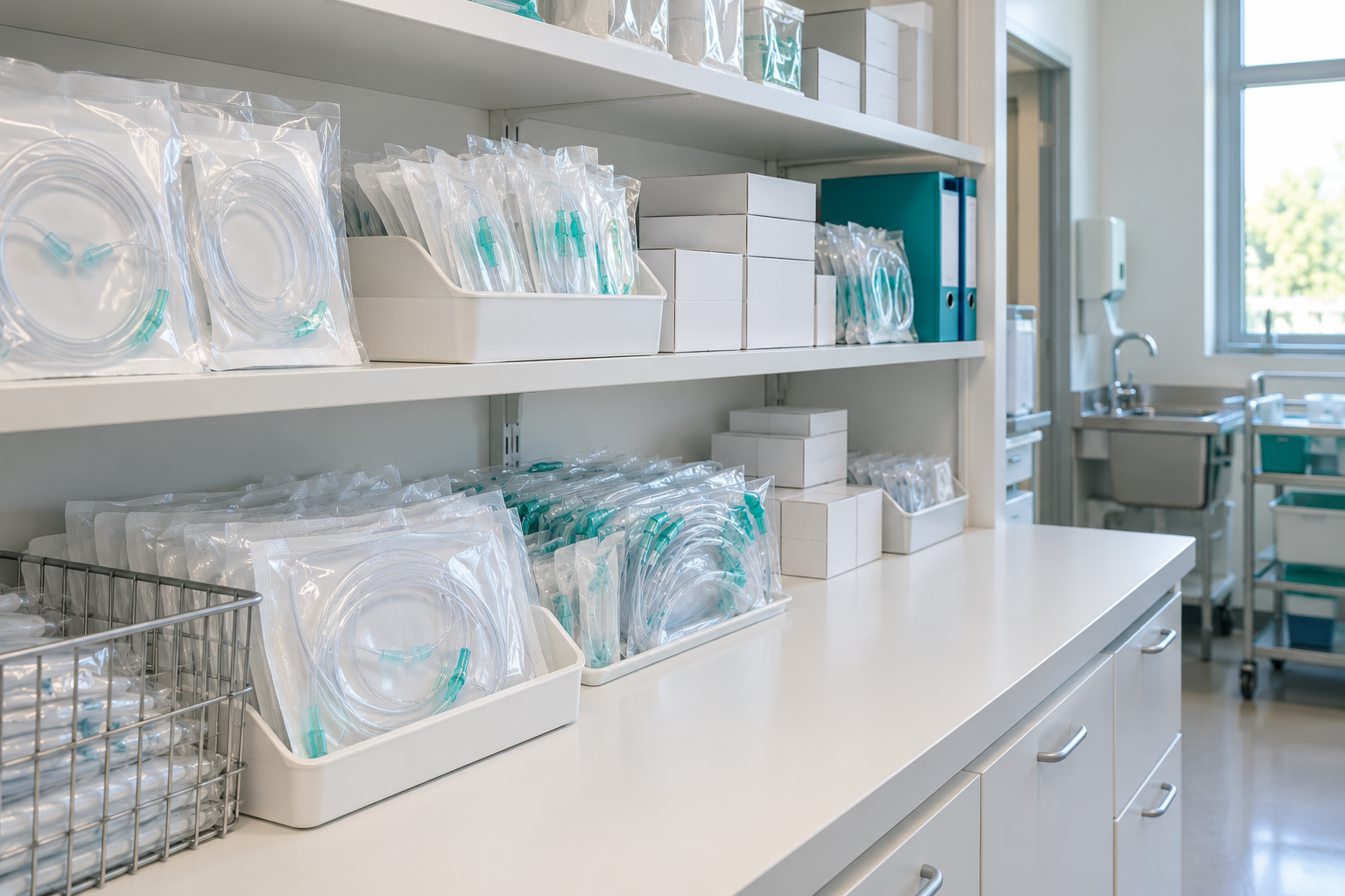 AI-generated illustration of clear packaged respiratory tubing and cannula-style accessories, plain cartons and teal binders arranged on white shelving and a counter in a bright clinical workspace. Not an Elysian facility, actual stock or a specific supplied product.