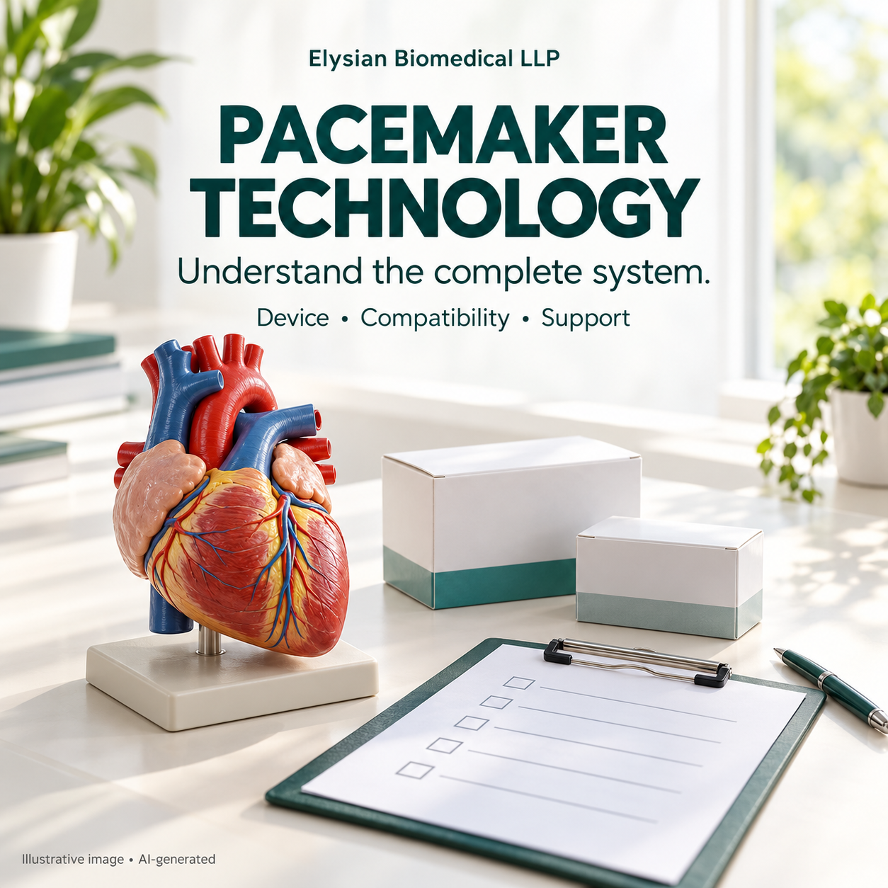 AI-generated illustration of an anatomical heart teaching model, two unbranded supply boxes and a blank checklist on a bright desk. Text reads “Elysian Biomedical LLP”, “PACEMAKER TECHNOLOGY”, “Understand the complete system.” and “Device • Compatibility • Support”. Footer: “Illustrative image • AI-generated”. No specific device or Elysian facility is depicted.
